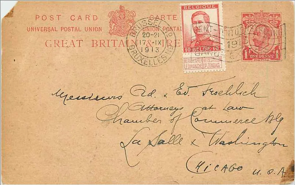 Brüssel — Ansichtskarte vom 20.–21. September 1913 — veröffentlicht von Great Britain & Belgium - Vorderseite