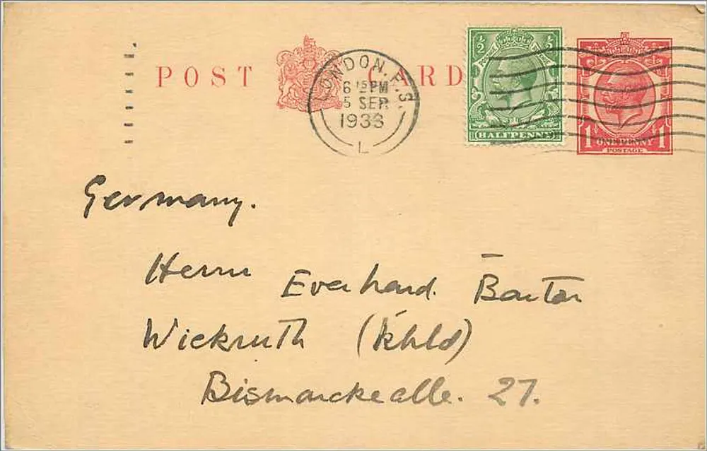 Ansichtskarte von London — datiert 6. September 1933 — von 'POST CARD' veröffentlicht mit Briefmarken - Vorderseite