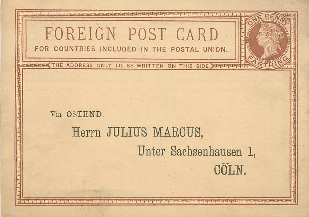 Ausländische Karteikarte — Universal Postal Union — 1 Penny Farthing — an Julius Marcus in Köln adressiert - Vorderseite