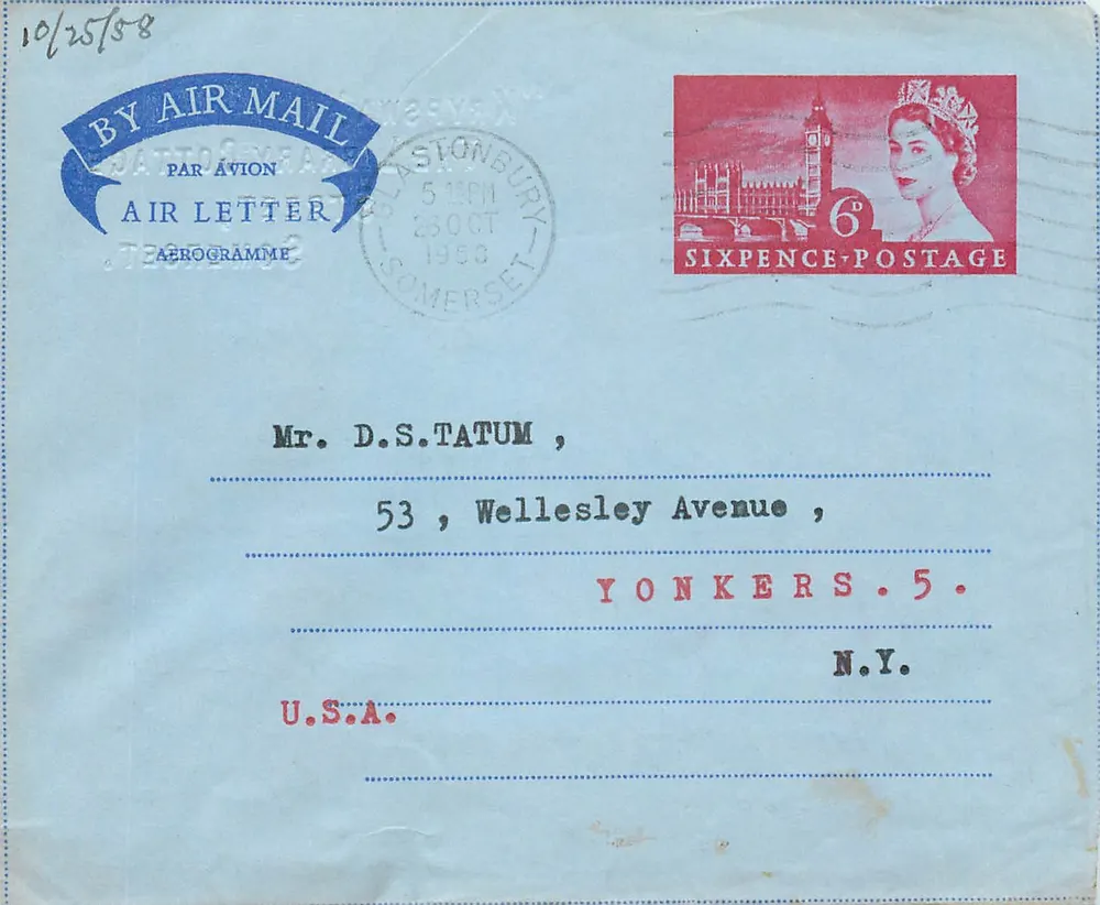 Stonbury - Somerset - Lettre aérienne - 6 pence - 26 oct 1953 - Recto