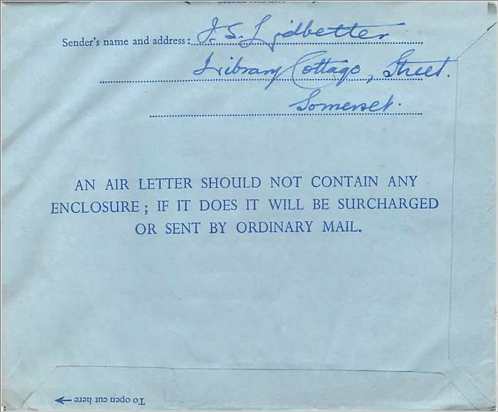 Aerogramm - Somerset, 7. Januar 1939 - Verlag nicht sichtbar - Rückseite