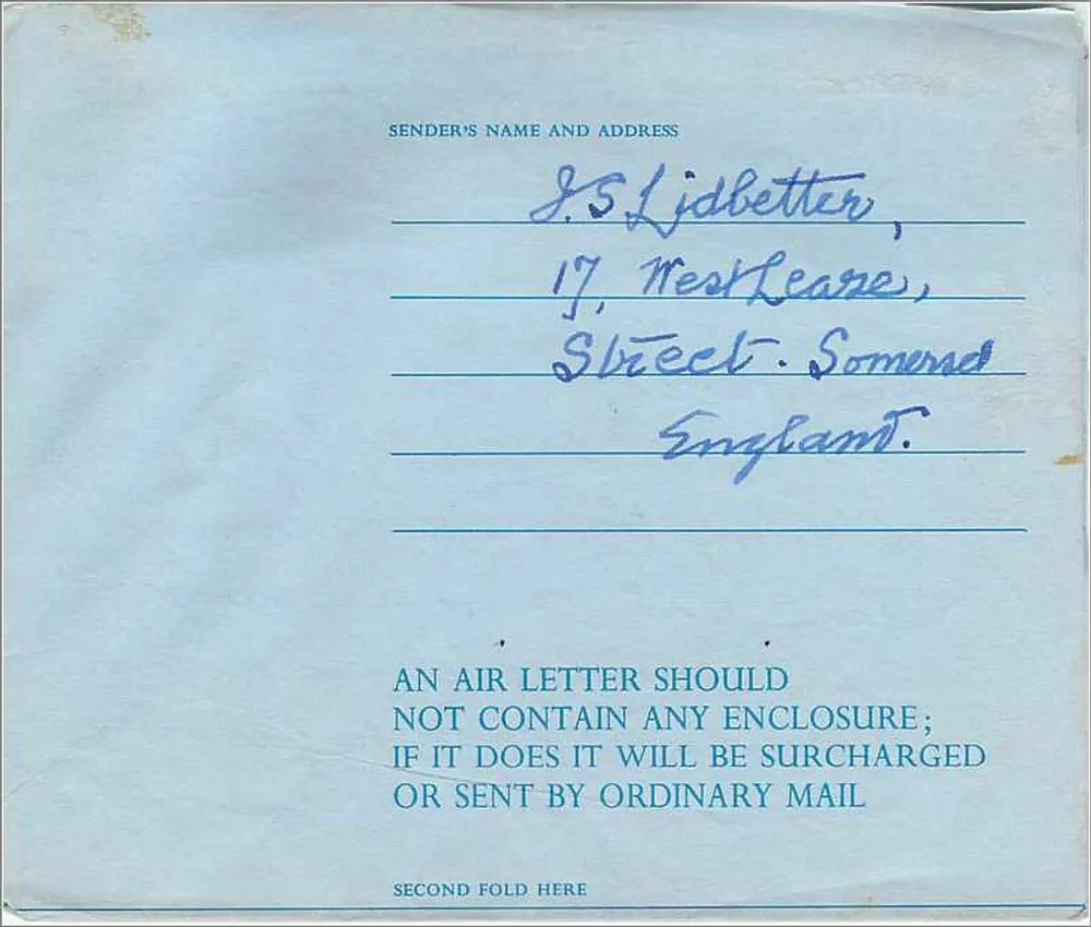 Luftpostkarte mit Engel — Verlag 'BY AIRMAIL AIR LETTER' — Somerset, 20. November 1965 - Rückseite