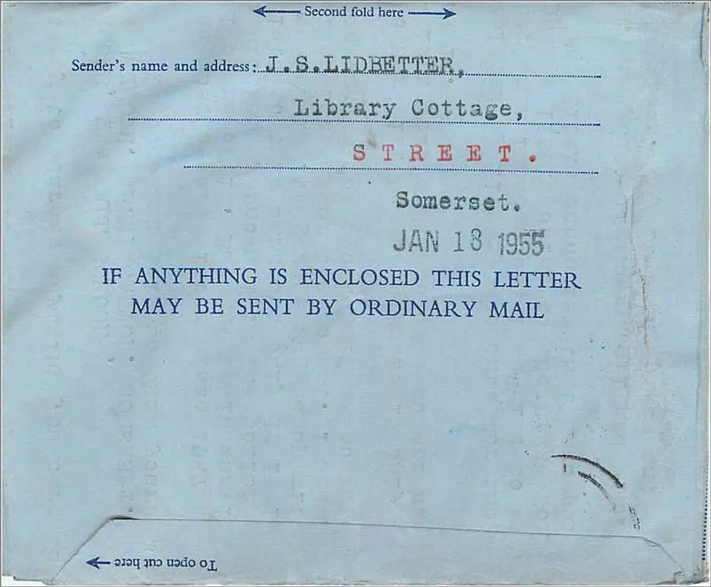 Somerset — Luftpost — J.S. Lidetter, Library Cottage, Somerset - Rückseite