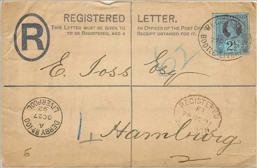 Carta recomendada para Hamburgo — Liverpool, 1902 — editor não identificado, número de série não visível - Frente