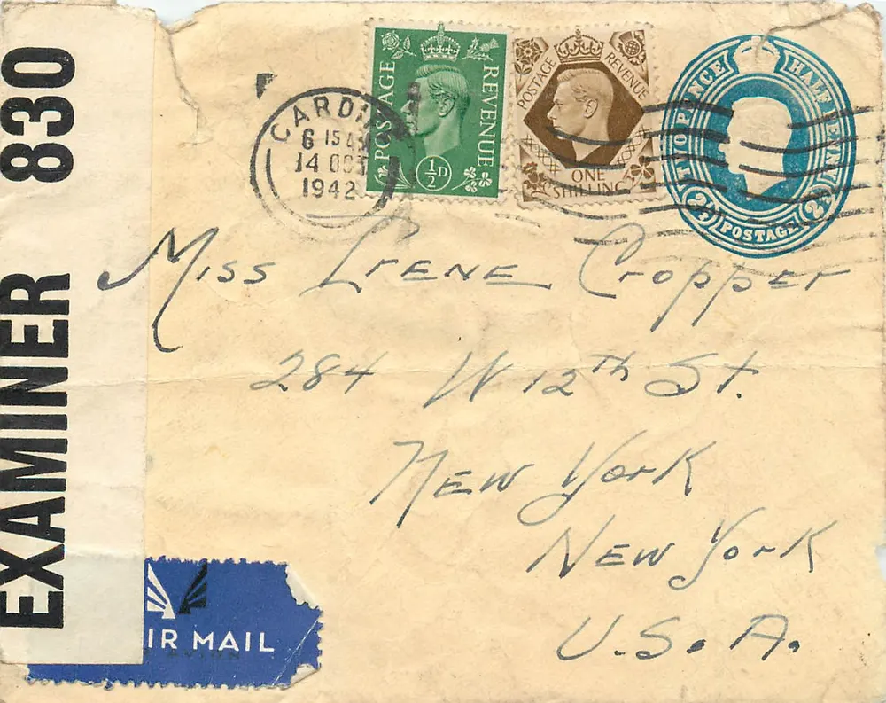 Carta postal aérea — exame — enviada para Miss Lrene Cropper, Nova York — datada 14 outubro 1942 - Frente