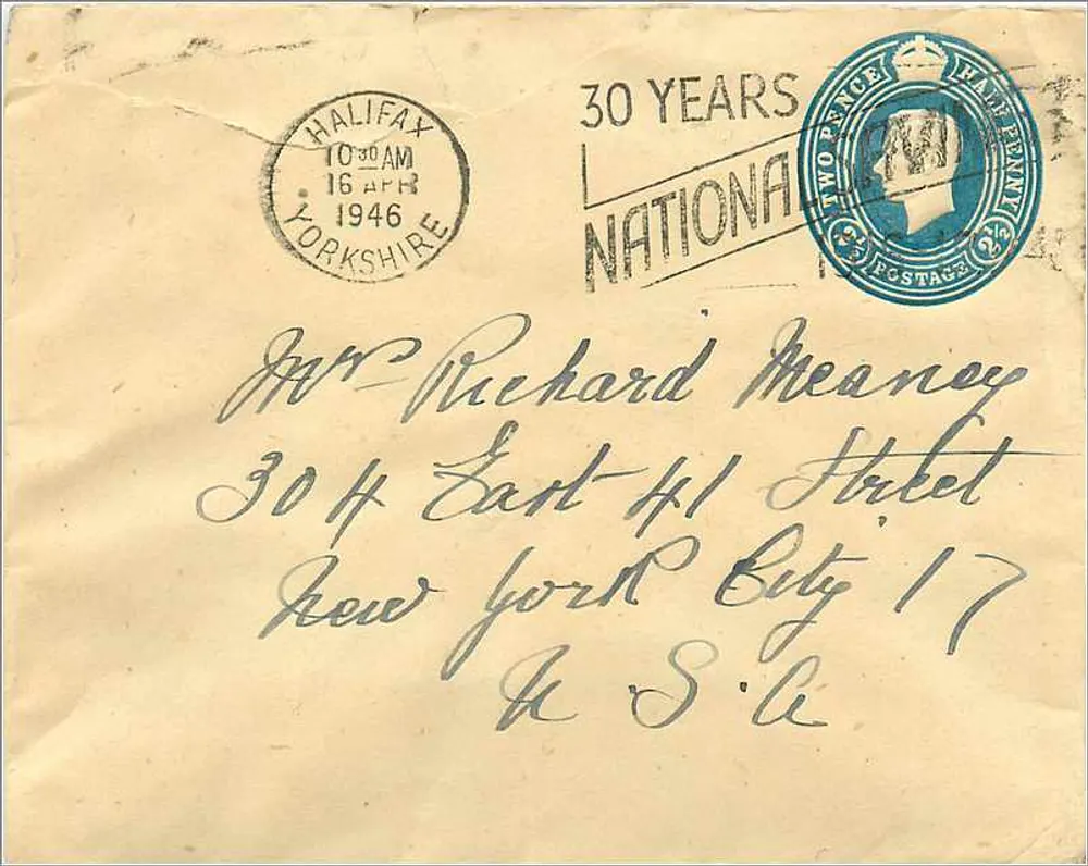 Halifax - Yorkshire — 16 abril 1946 — selo 2 pence '30 YEARS NATIONAL POSTAGE' - Frente