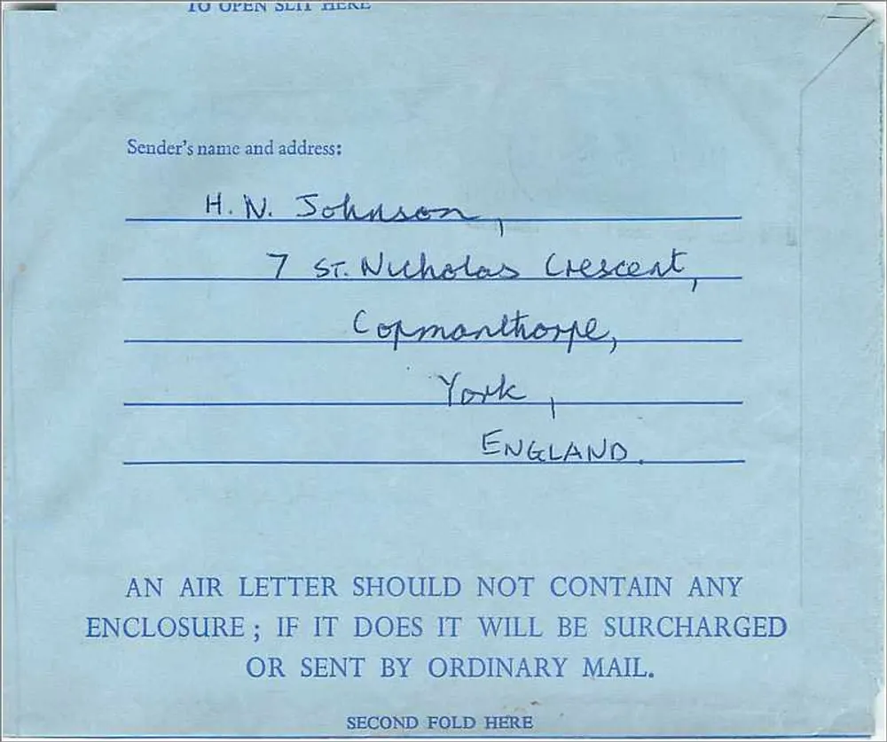 AeroGram — Luftpost — H. N. Johnson, Copmanthorpe, York, England — an J. P. Stevens & Co. Inc., Garfield, New Jersey, U.S.A. - Rückseite