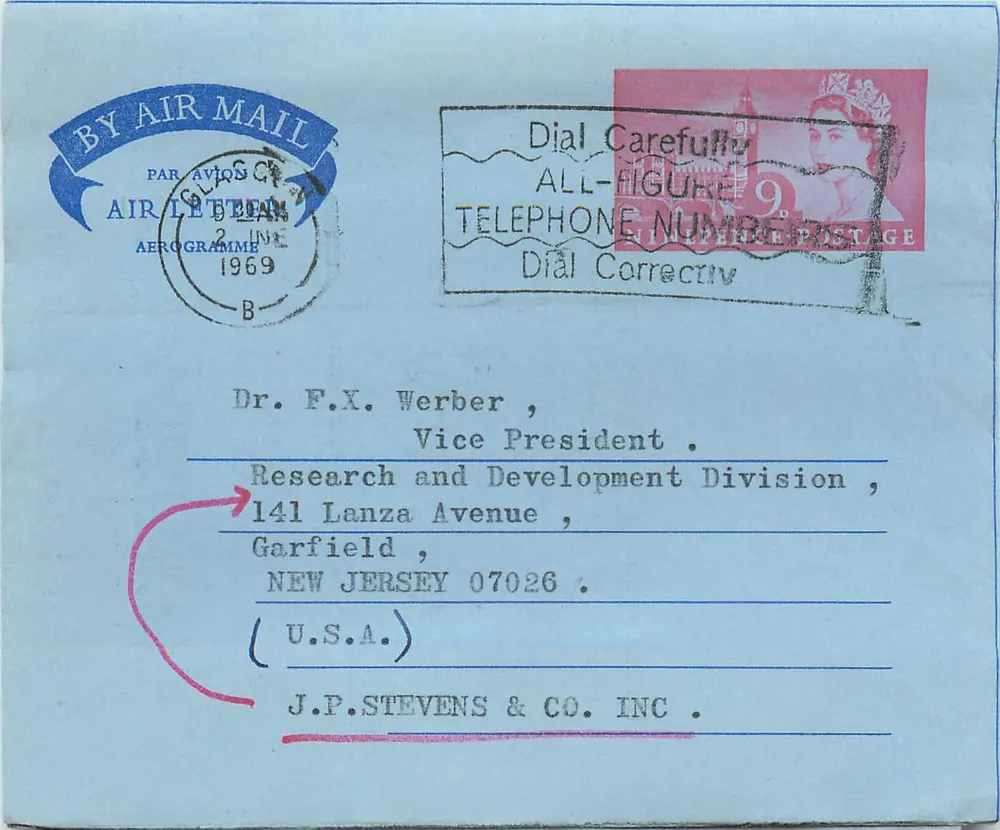 Luftpostkarte - Dr. D.P. Johari, Glasgow, Schottland — Dr. F.X. Werber, New Jersey, Vereinigte Staaten - Vorderseite