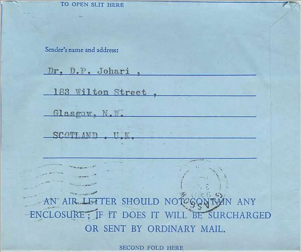 Luftpostkarte - Dr. D.P. Johari, Glasgow, Schottland — Dr. F.X. Werber, New Jersey, Vereinigte Staaten - Rückseite