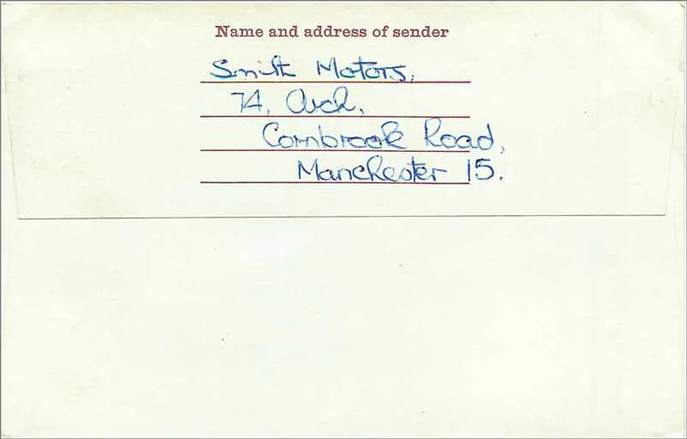 Ansichtskarte Manchester — Korrespondenz zwischen Smith Motors und General Accident Ins., Ltd. — 7p-Stempel - Rückseite