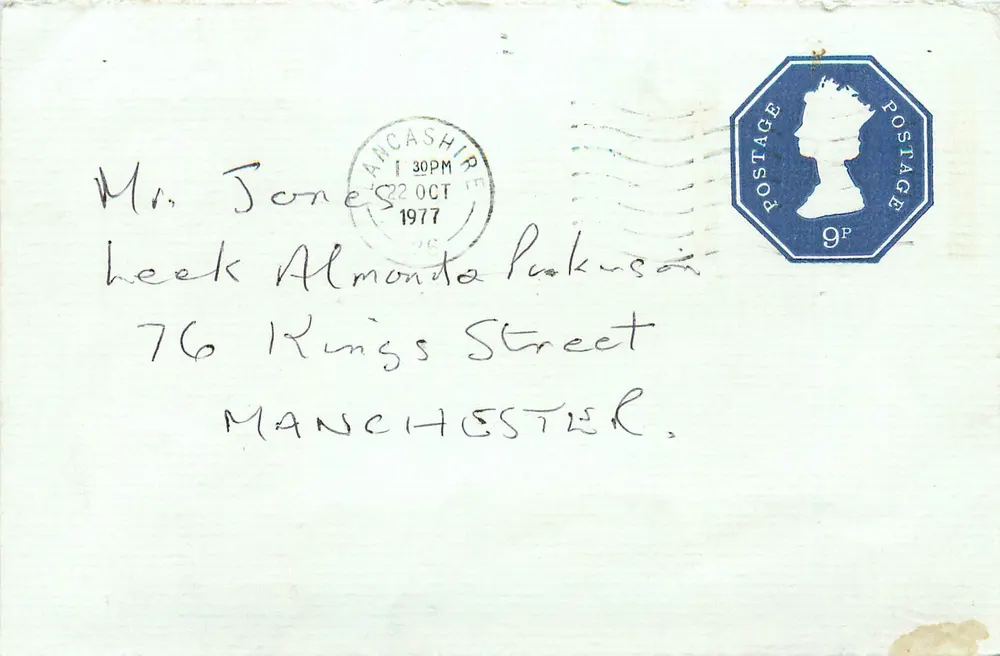 Ansichtskarte aus Lancashire — 9p-Stempel — an Herrn Jones in Manchester adressiert - Vorderseite