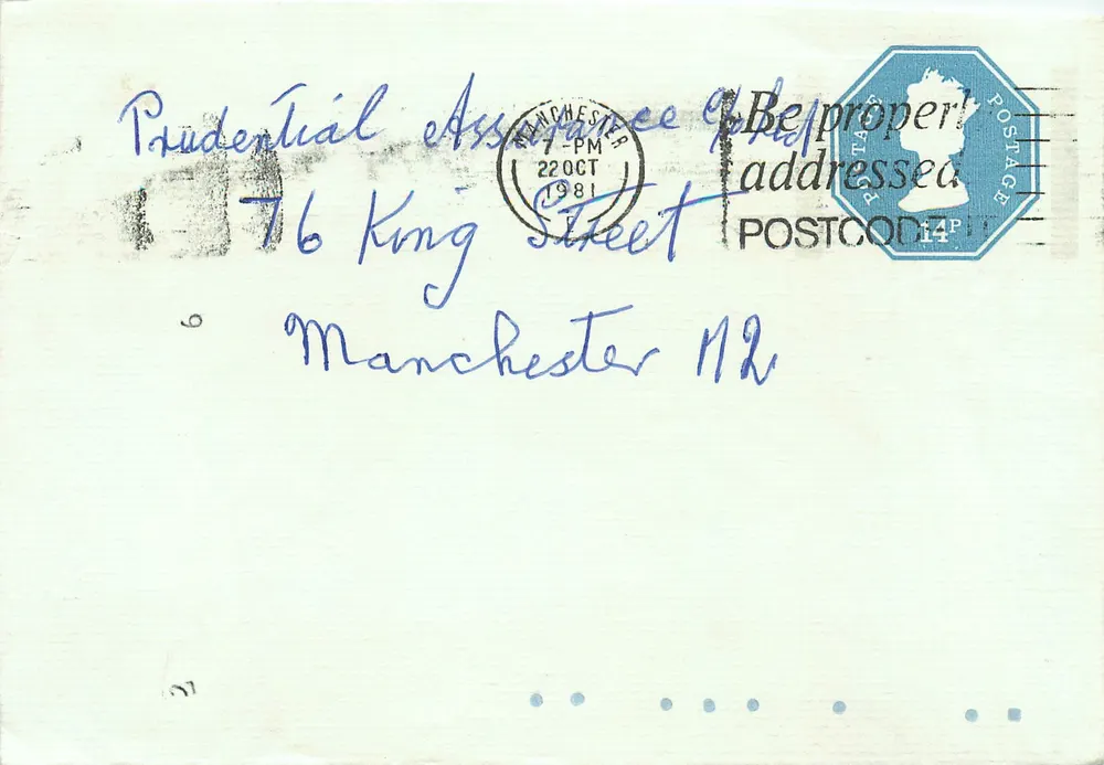 Manchester — Karte an Prudential Assurance, 76 King Street gesendet — 14p-Stempel und Poststempel Manchester 22.10.1981 - Vorderseite