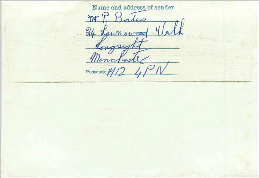 Manchester — Karte an Prudential Assurance, 76 King Street gesendet — 14p-Stempel und Poststempel Manchester 22.10.1981 - Rückseite