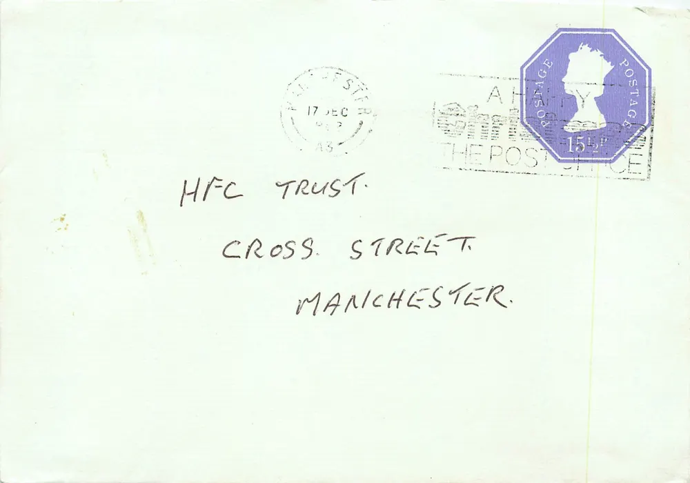 Manchester — Karte an das HFC Trust gesendet — Briefmarke 15½p und Stempel vom 17. Dezember - Vorderseite