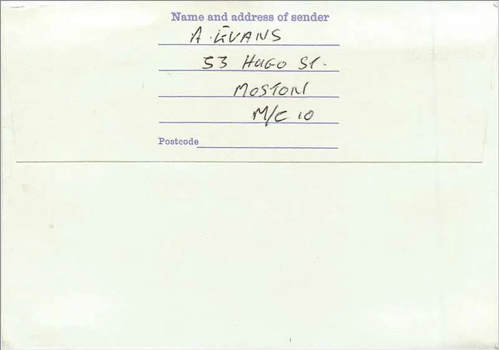 Manchester — Karte an das HFC Trust gesendet — Briefmarke 15½p und Stempel vom 17. Dezember - Rückseite