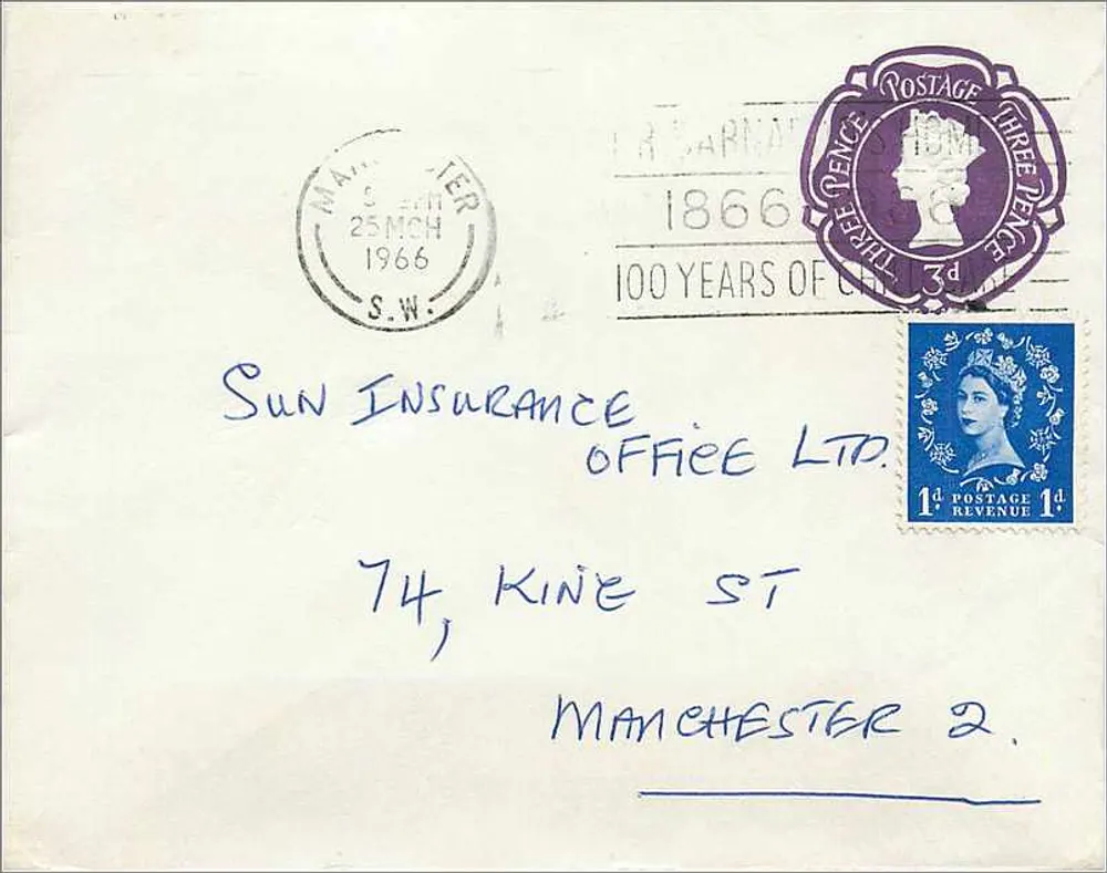 Manchester — 25. März 1966 — Gedenzustempel der Königin Elizabeth II - Vorderseite