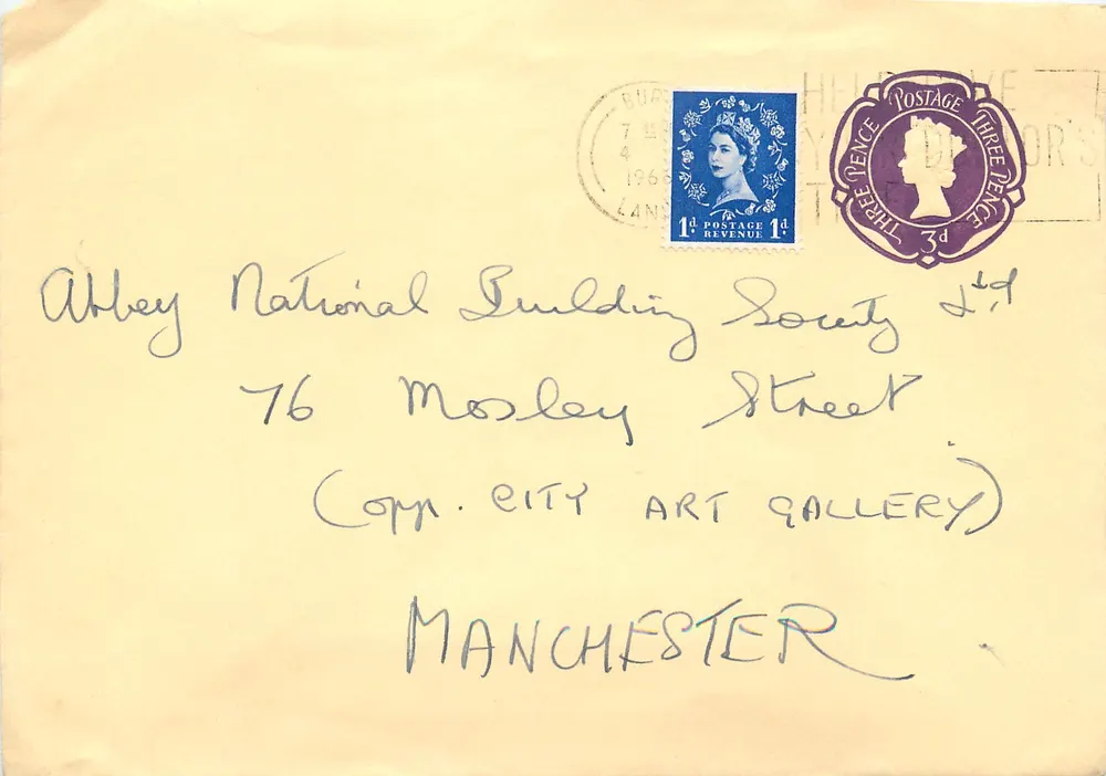Umschlag an die Abney National Building Society Ltd — Manchester — Briefmarken und Poststempel 1966 - Vorderseite