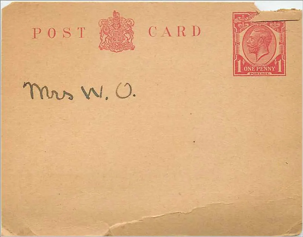 Britische Ansichtskarte — 1 Penny roter Stempel — Empfängerin Mrs W. O. - Vorderseite