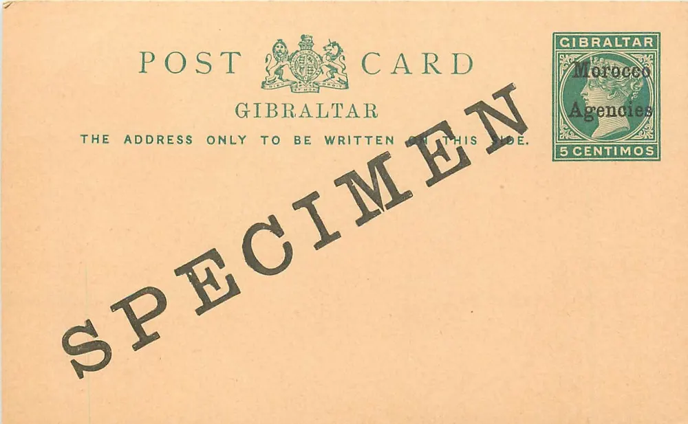 Ansichtskarte-Exemplar von Gibraltar — 5 Centimos-Stempel mit Inschrift 'Morocco Agencies' — Verlag nicht sichtbar - Vorderseite