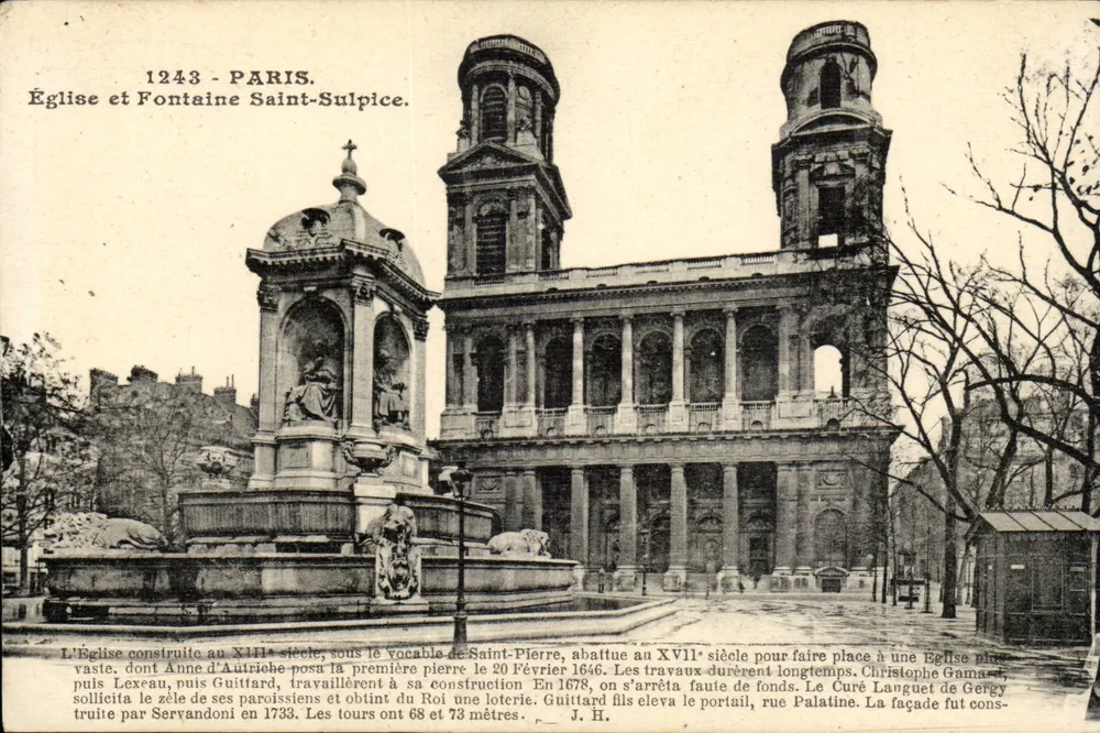 Church and Saint-Sulpice Fountain — Paris, with printed historical text - Front