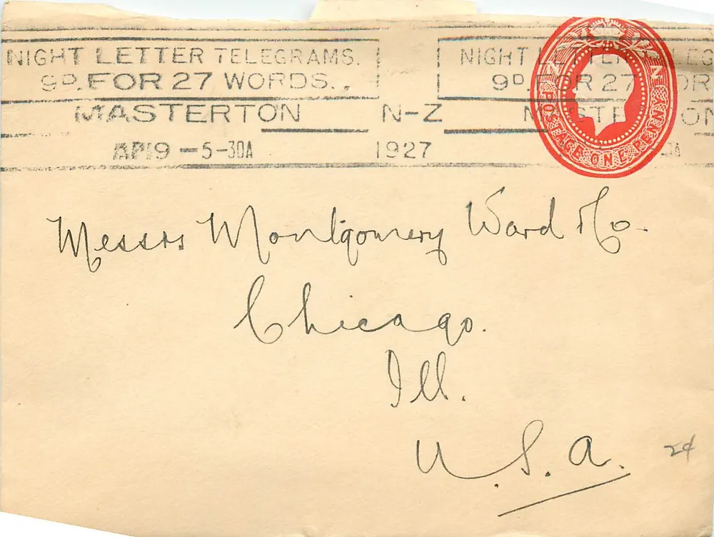 Masterton — Nachtschreiben für 27 Wörter — N.Z. 1927 - Vorderseite