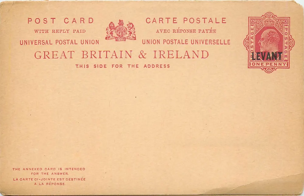 Carte postale avec réponse payée — Grande-Bretagne & Irlande — timbre Levant 1 penny - Recto