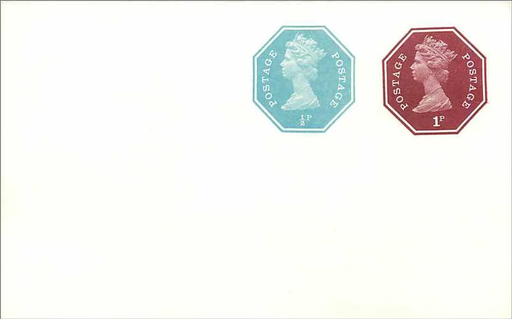 Zwei oktogonale britische Briefmarken — 1p rot und 1½p blau — Ausgabe 1955 - Vorderseite