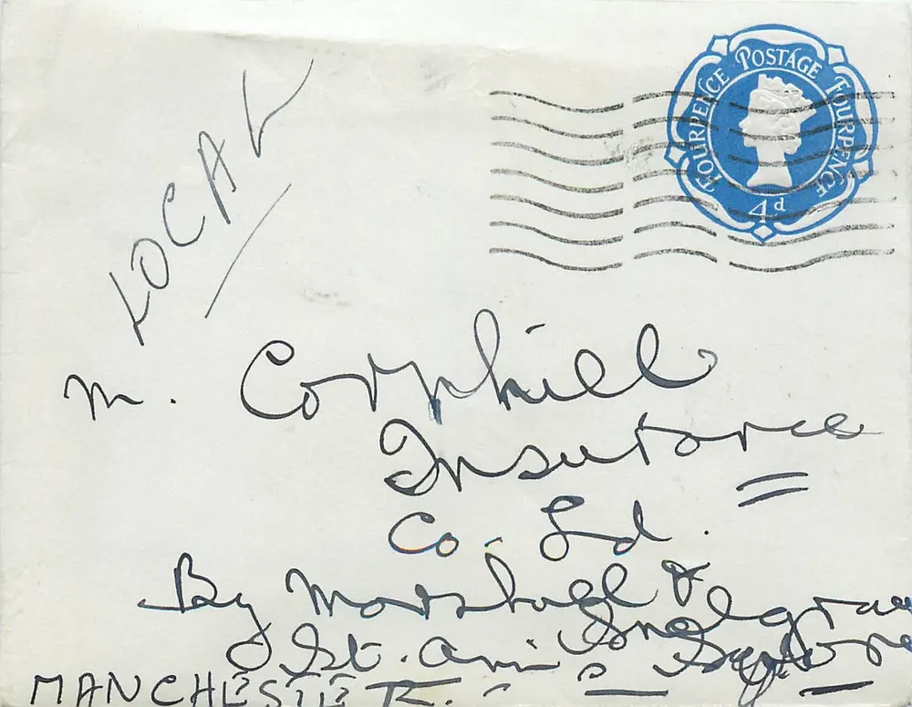 Ansichtskarte an Herrn Cornphill, Insurance Co. Ltd., Manchester — 4d blauer Stempel - Vorderseite