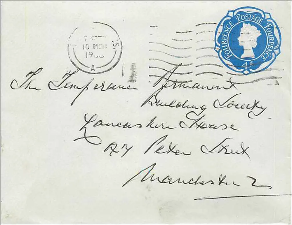 Lancashire House — Manchester — 4d blauer Stempel und Poststempel '10 MCH 1900' - Vorderseite
