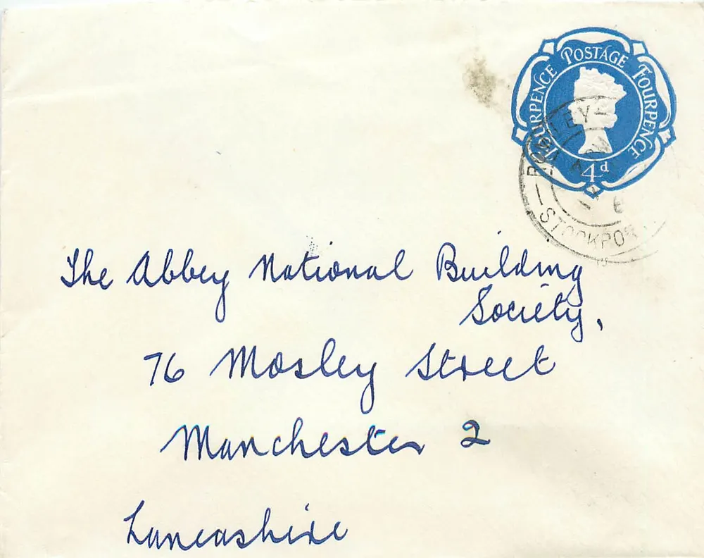 Umschlag an die Abbey National Building Society in Manchester — 4d-Stempel und Stockport-Kante - Vorderseite