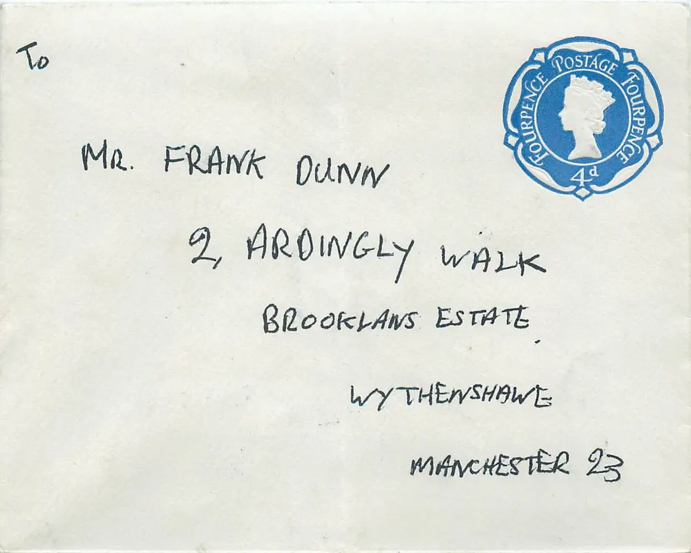 Ansichtskarte an Herrn Frank Dunn in Wythenshawe — blauer 4d-Stempel - Vorderseite