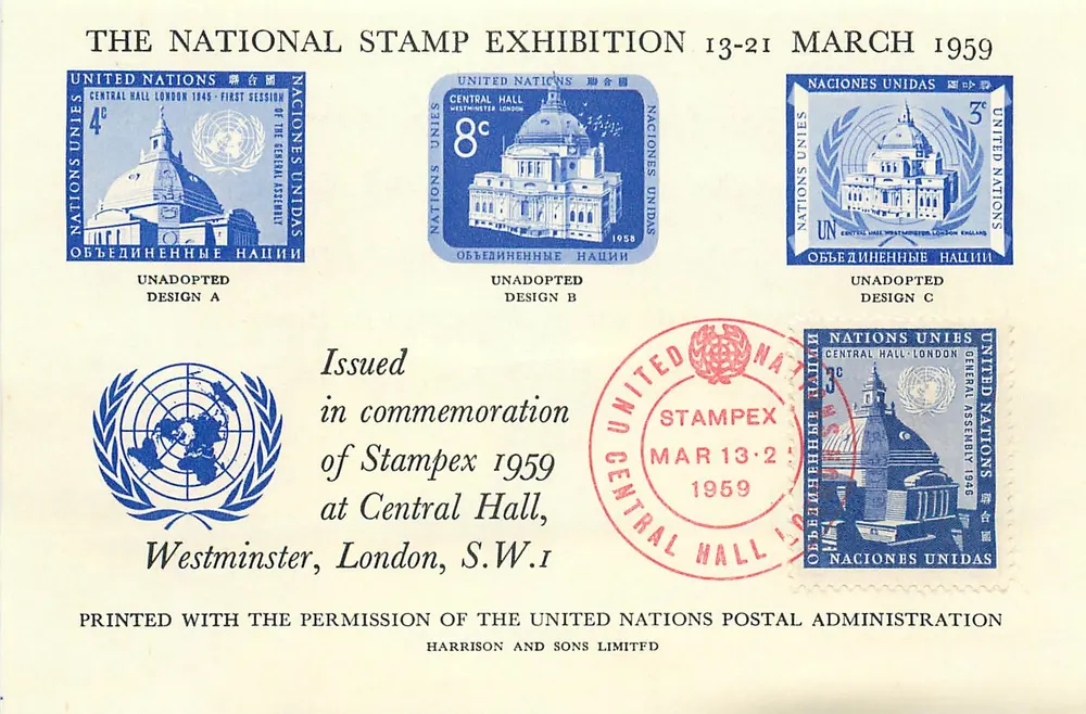Expositie van zegels van de Verenigde Naties — Central Hall, Londen — 1959 — Harrison and Sons Limited - Voorkant