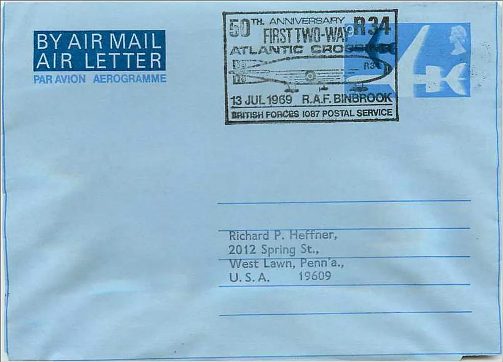 50. Jubiläum des ersten transatlantischen Flugs über den Ozean — RAF Binbrook — 13. Juli 1969 — British Forces Postal Service - Vorderseite
