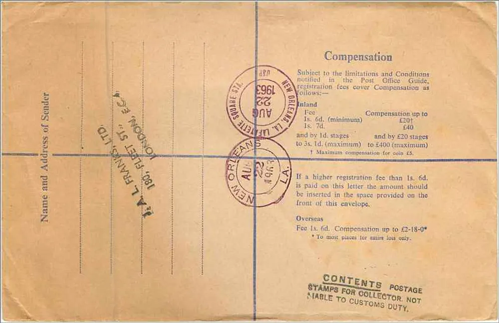 Empfohlene Ansichtskarte — London nach New Orleans — Verlag J.A.L. FRANKS LTD - Rückseite