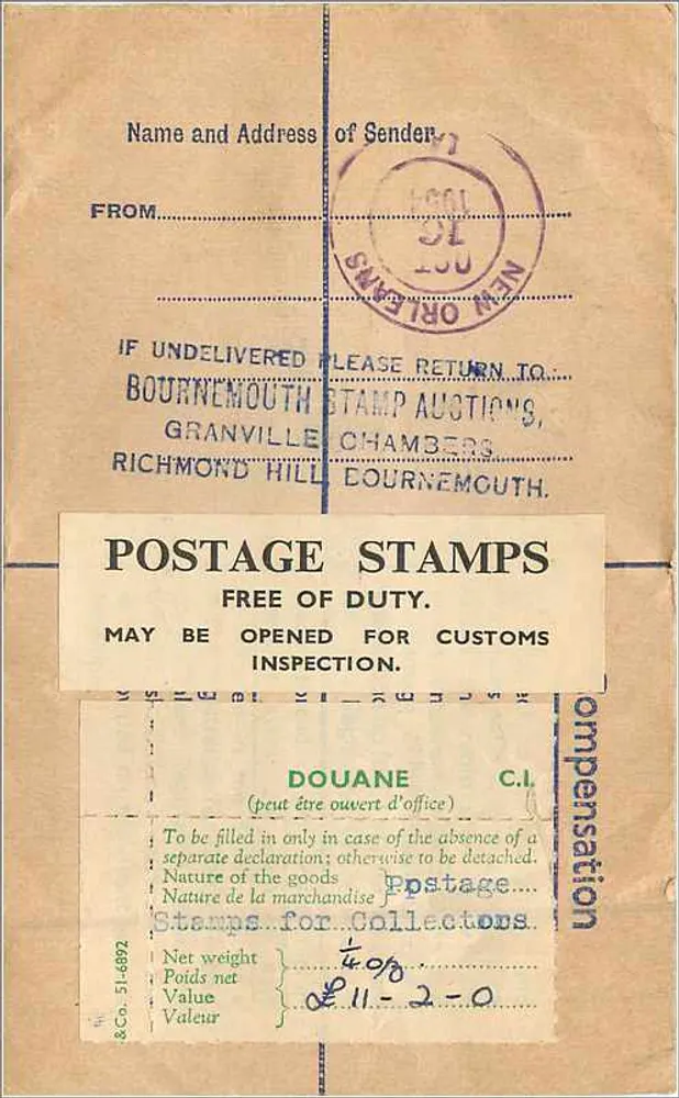Bournemouth — Luftpost nach New Orleans — Bournemouth Stamp Auctions - Rückseite
