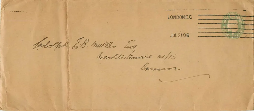 Londone.C. — Brief an Ludolph E.B. Muller, Bremen — grüner Stempel und Poststempel - Vorderseite
