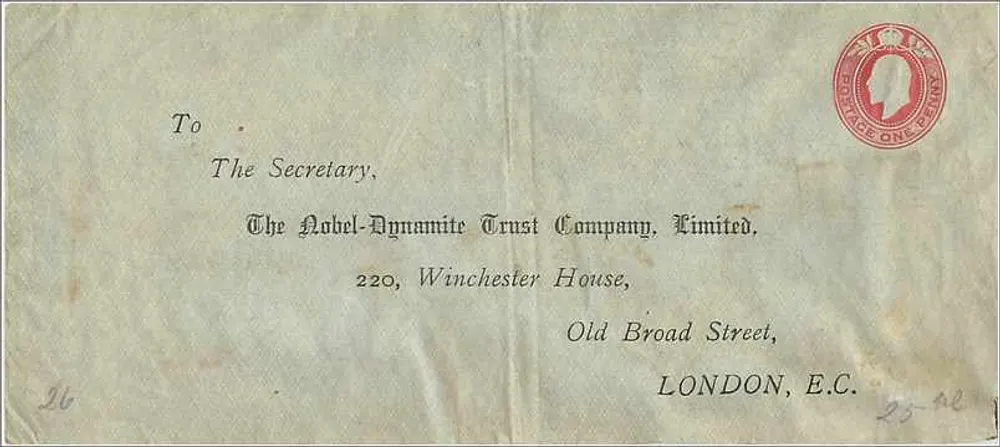 Ansichtskarte an die Nobel-Dynamite Trust Company, London — 1 Schilling-Poststempel - Vorderseite