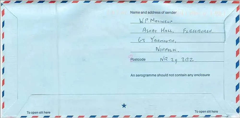 Royal Mail International Aérogamme — Großbritannien Porto bezahlt — bestimmt für North Bergen, NJ, USA - Rückseite