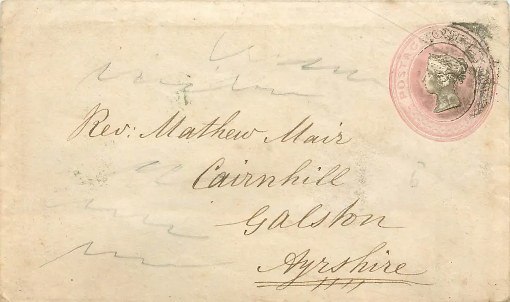 Ansichtskarte an den Rev. Mathew Maire in Cairnhill, Galston, Ayrshire — 1865 Rosenstempel und Poststempel von Kilmaarno, Schottland - Vorderseite