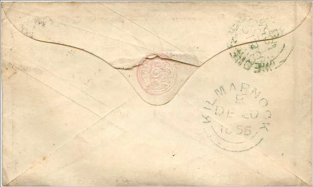 Ansichtskarte an den Rev. Mathew Maire in Cairnhill, Galston, Ayrshire — 1865 Rosenstempel und Poststempel von Kilmaarno, Schottland - Rückseite