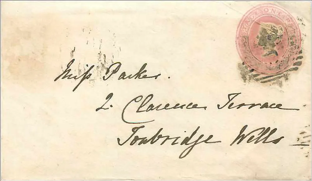 Ansichtskarte an Ship Parker in Tonbridge Wells — Briefmarke von 1840 und Poststempel von Clapham - Vorderseite
