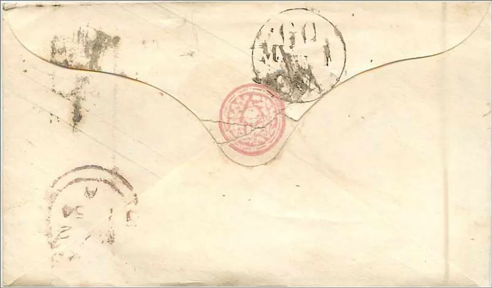 Ansichtskarte an Ship Parker in Tonbridge Wells — Briefmarke von 1840 und Poststempel von Clapham - Rückseite