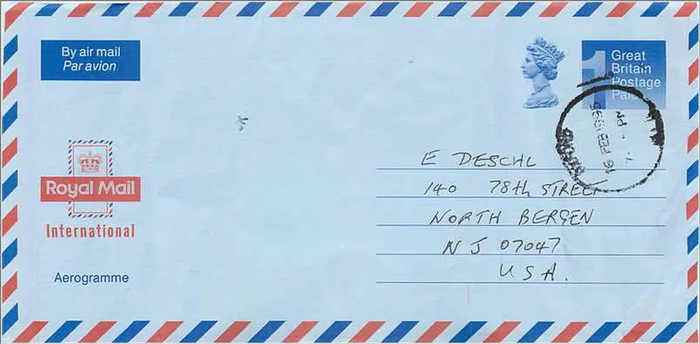 Royal Mail Aérogamme — Großbritannien Porto bezahlt — bestimmt für North Bergen, NJ, USA - Vorderseite