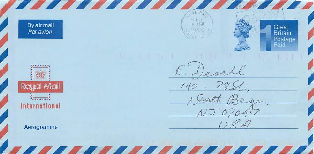 Internationale Luftpost — Vereinigtes Königreich — bestimmt für die Vereinigten Staaten — Verlag Royal Mail - Vorderseite
