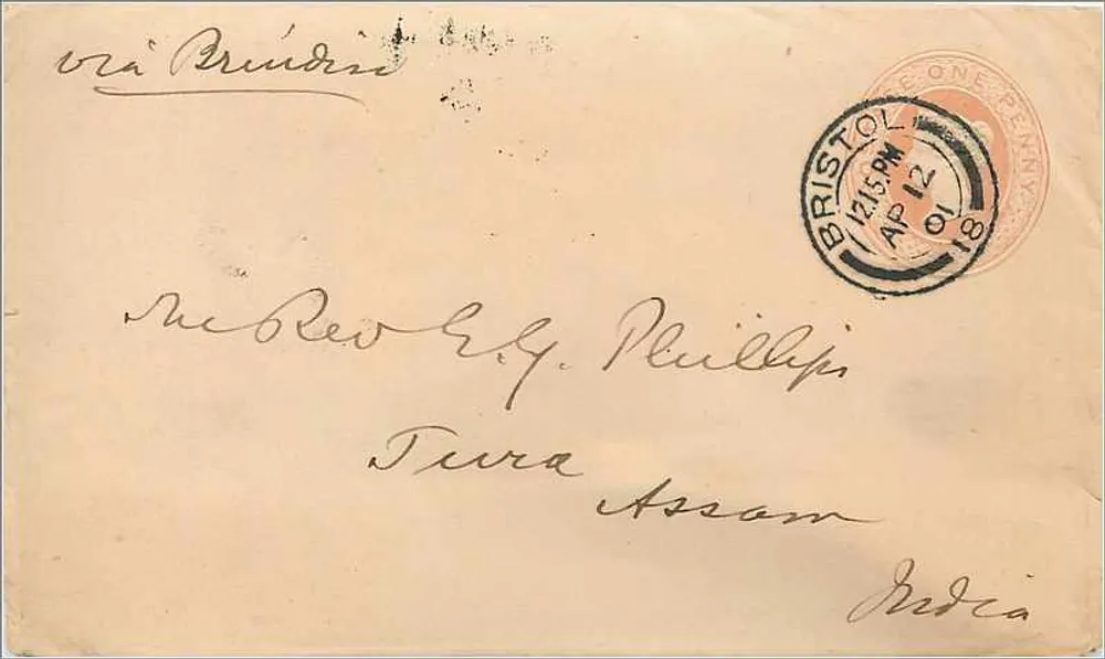 Bristol — Brief an Tura, Assam — Briefmarken 1 Penny und Stempel 'Bristol 12. April 1891' - Vorderseite