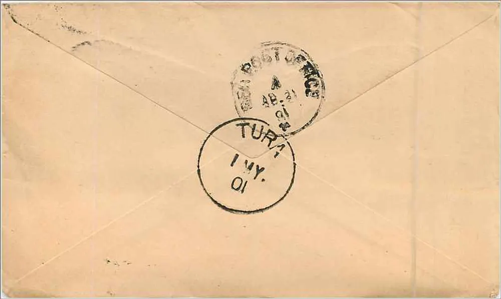Bristol — Brief an Tura, Assam — Briefmarken 1 Penny und Stempel 'Bristol 12. April 1891' - Rückseite