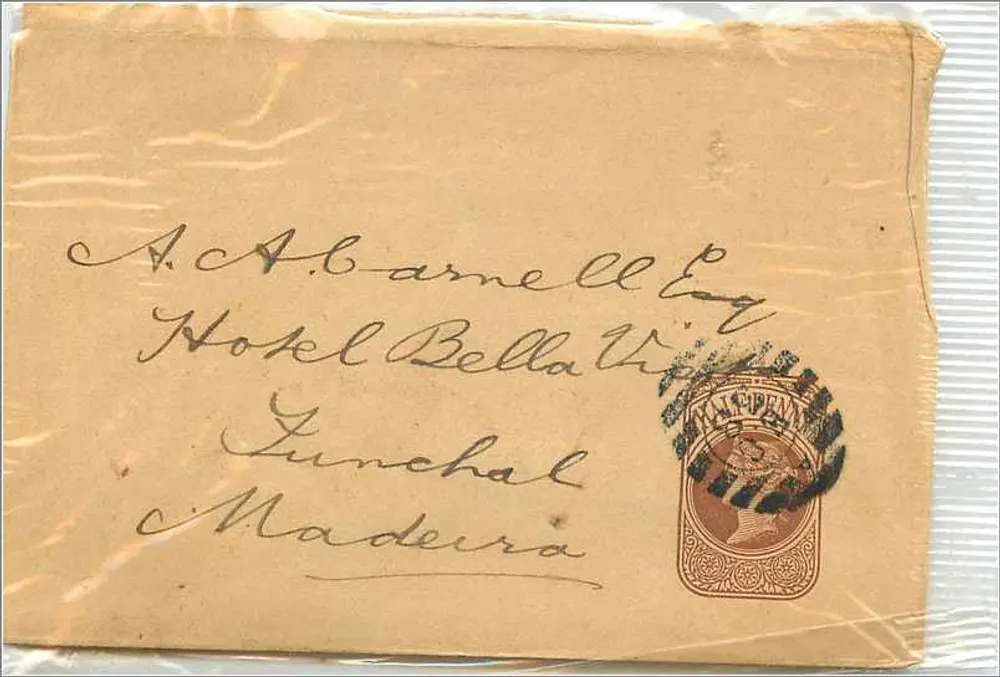Portugiesische Karteikarte — A. A. Carnell Esq., Hotel Bella Vista, Funchal, Madeira — portugiesischer Kaiserstempel - Vorderseite