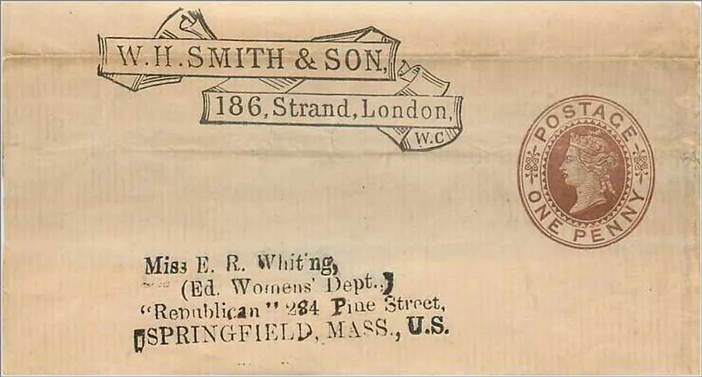 W.H. Smith & Son — 186, Strand, London — Ansichtskarte an Springfield, Massachusetts, USA gesendet - Vorderseite