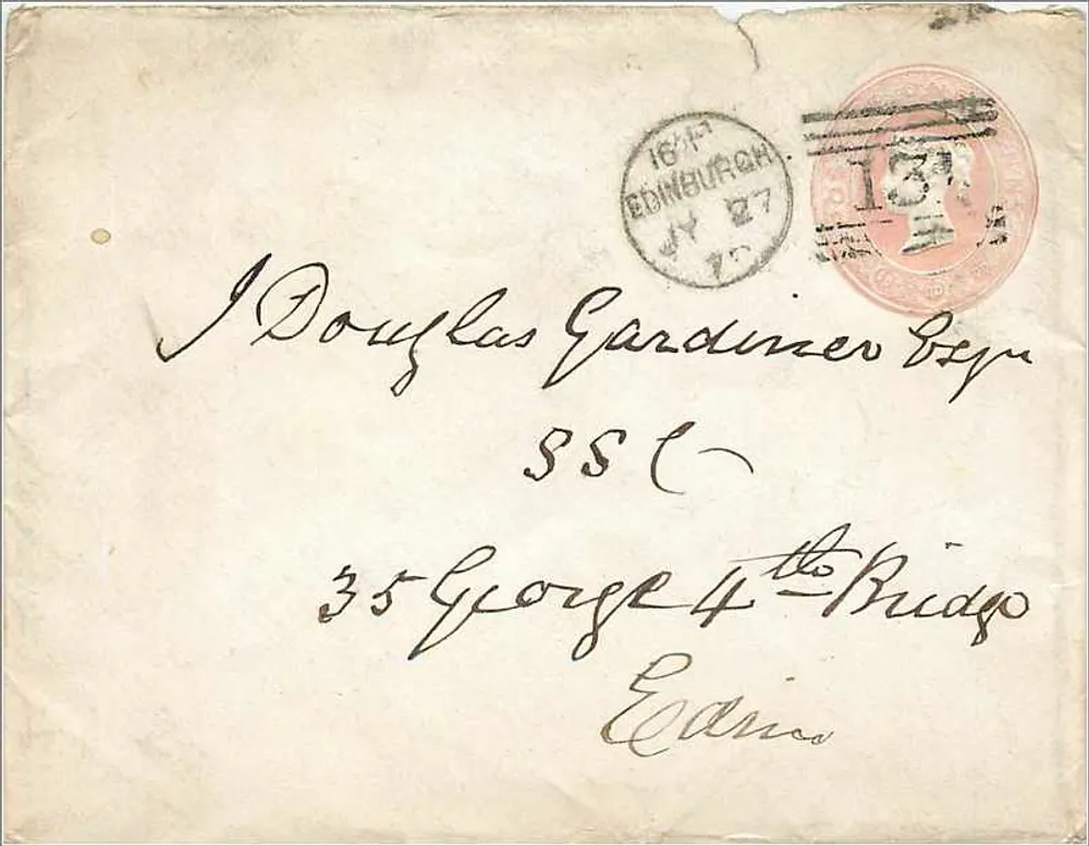 Édouard Douglas Gardiner — Édouard Douglas Gardiner, 35 George IV Bridge, Edinburgh — 13 Pence rosa Stempel, Poststempel 'EDINBURGH 16/4/87' - Vorderseite