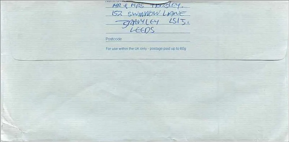 Ansichtskarte an das australische Konsulat in Manchester — Royal Mail, Leeds, 8. Dez. 1988 - Rückseite